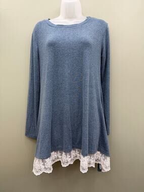 Wekili Blue Lace Hem Tunic Top S Long Sleeve A Line Cottagecore 95% Cotton